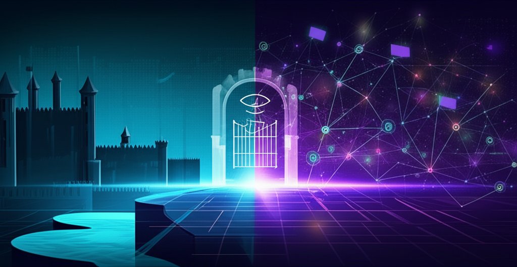 Conceptual shift from castle-and-moat to vibrant digital network with central Zero-Trust verification gate.