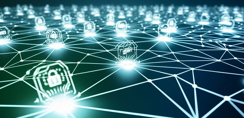 Abstract digital network with glowing identity verification gates for Zero Trust Architecture, emphasizing continuous secu...