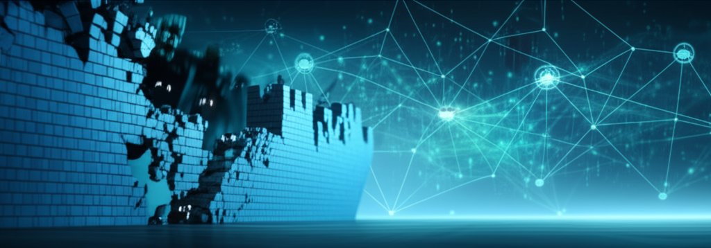 A robust, glowing Zero Trust network with continuous authentication emerges as digital threats breach a crumbling perimete...