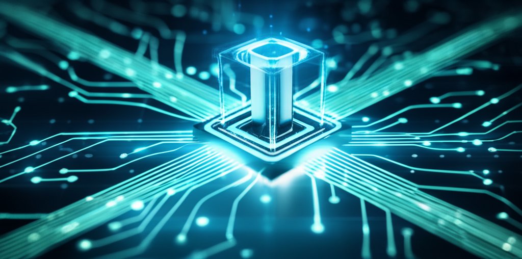 Sleek digital gateway verifies user & data access via glowing pathways in a secure network, illustrating Zero-Trust archit...