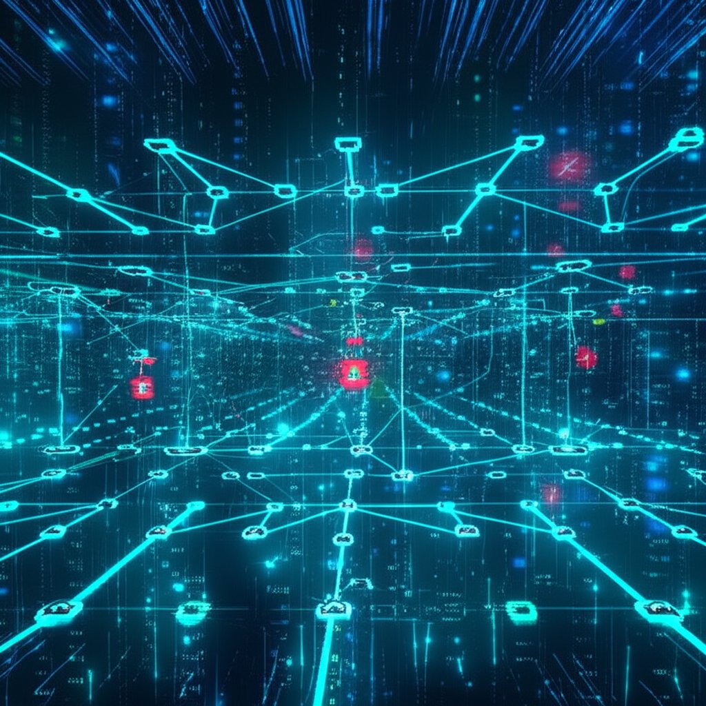 Complex digital network visualizing Zero Trust Architecture: Data packets verified at checkpoints, unauthorized access blo...