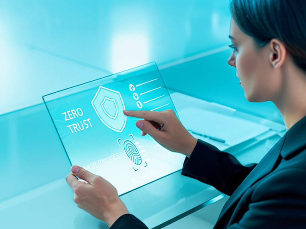 Small business owner examining transparent screen displaying Zero Trust security, multi-factor authentication, and least p...