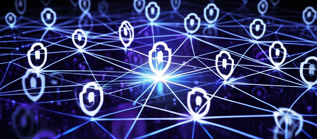 Abstract digital render of a glowing data core, interconnected secure nodes, and zero-trust shields for decentralized iden...