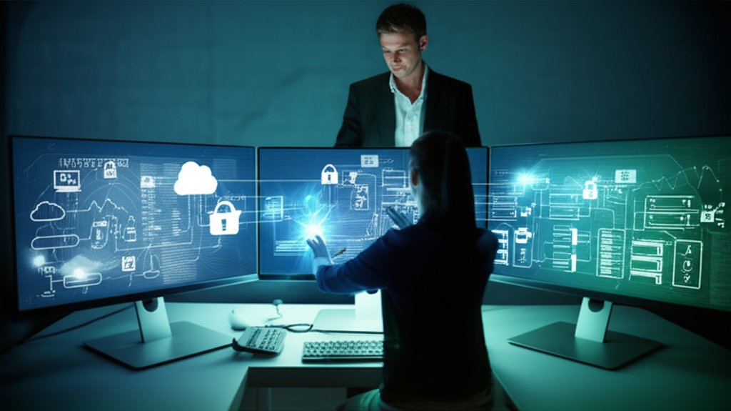 Professional interacts with a sleek digital display depicting secure Zero Trust data flow across a complex hybrid cloud en...