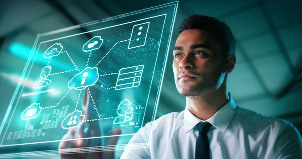 Professional examines a glowing holographic display of a secure hybrid network, visualizing Zero Trust architecture and se...