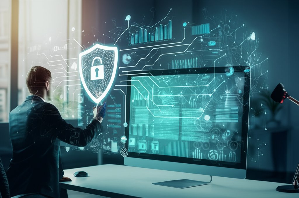 Business person at computer with AI visualizations & holographic data, secured by transparent Zero-Trust digital locks.