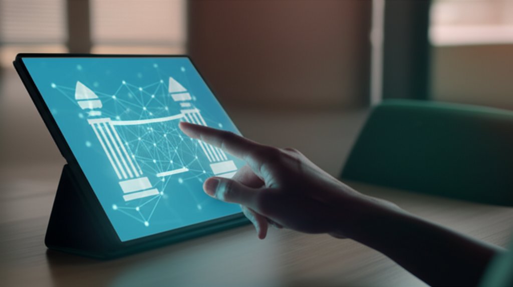 Diverse person confidently interacts with tablet, hand poised for secure input on glowing digital identity verification gate.