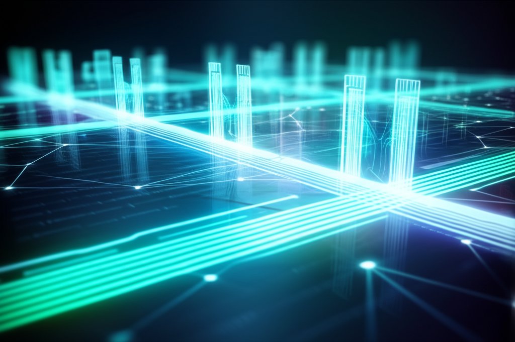 Abstract digital illustration of glowing data pathways verified through secure gateways, blocking unauthorized Zero Trust ...