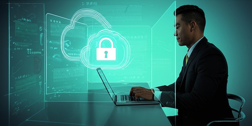 Professional uses laptop in modern office, protected by a zero-trust digital shield extending to a secure cloud, repelling...