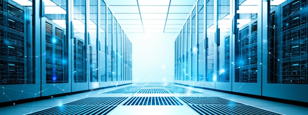 High-tech server room with towering racks, blue LED glows. Dynamic lines symbolize Zero Trust Identity and continuous cybe...