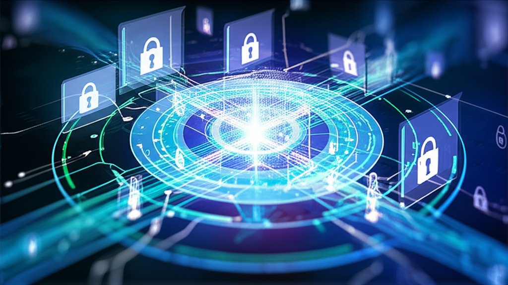 Digital core surrounded by dynamic security checkpoints and glowing verification symbols, representing Zero Trust Identity...