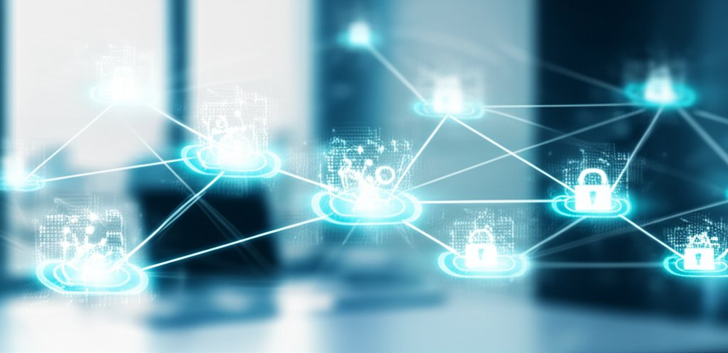 Digital art: Glowing data network with multiple verification gateways, illustrating a Zero Trust Identity framework concept.