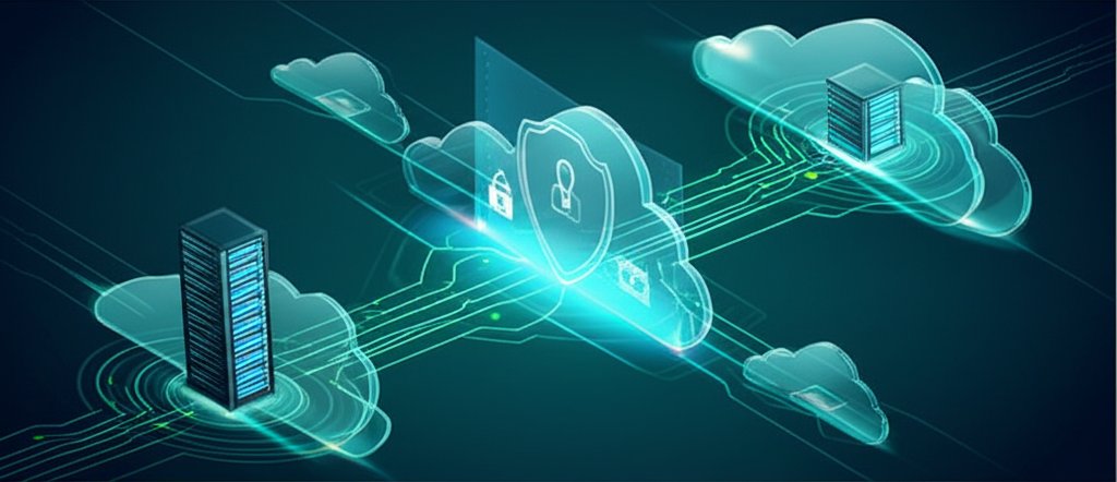 A futuristic digital shield protects glowing data between servers and clouds, representing Zero Trust Identity & hybrid cl...