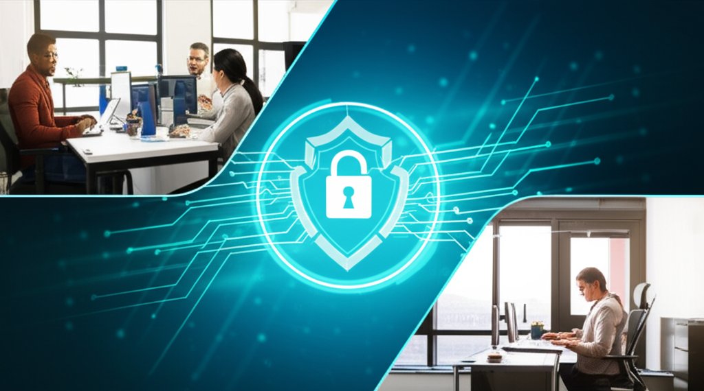 Digital shield radiating secure lines to professionals in office, home, co-working for Zero-Trust Identity.