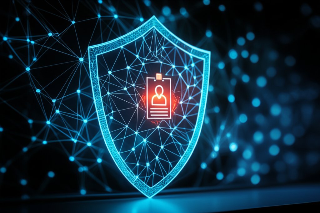 Futuristic blue Zero Trust network shield with a fractured, red-glowing identity management icon at its core, revealing a ...