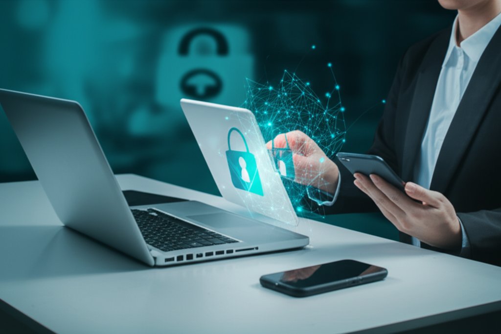 Business owner uses digital devices. A glowing network protects data from cyber threats, symbolizing Zero Trust identity &...