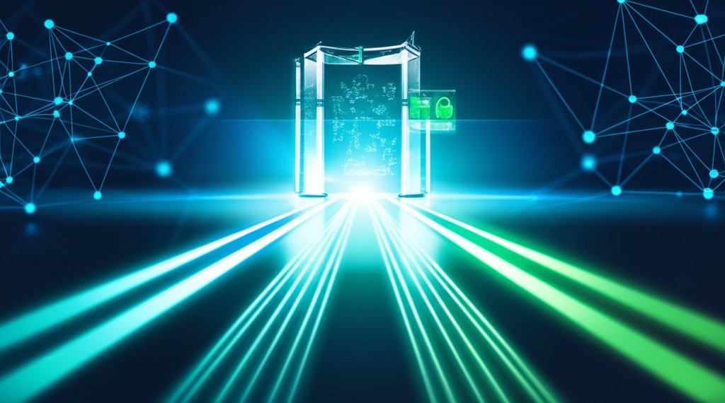 Luminous digital gateway verifying converging data streams and identities in a Zero-Trust security network with green auth...