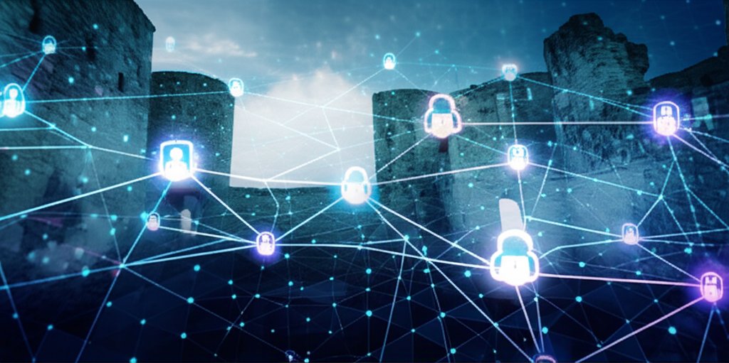 Glowing digital network with secure nodes & identity symbols, old castle walls fading. Zero Trust security & identity mana...