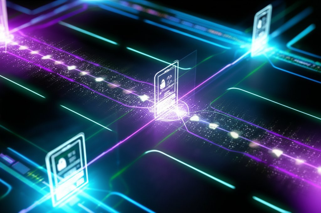 Abstract digital interface visualizing Zero Trust cybersecurity. Glowing gates verify identity data through secure, futuri...