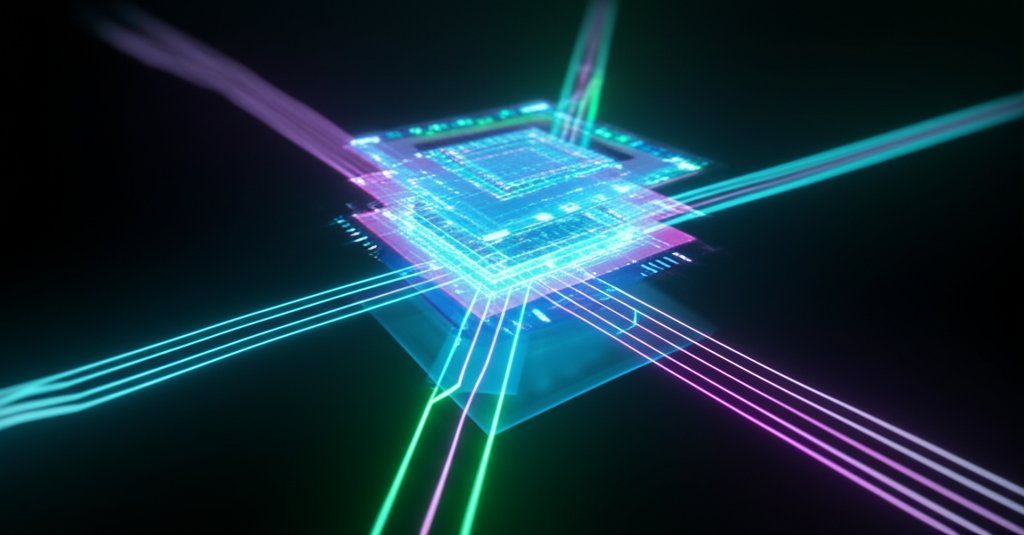 Central digital gateway glows with blue, green, purple light, featuring secure data pathways in a dark digital space, symb...