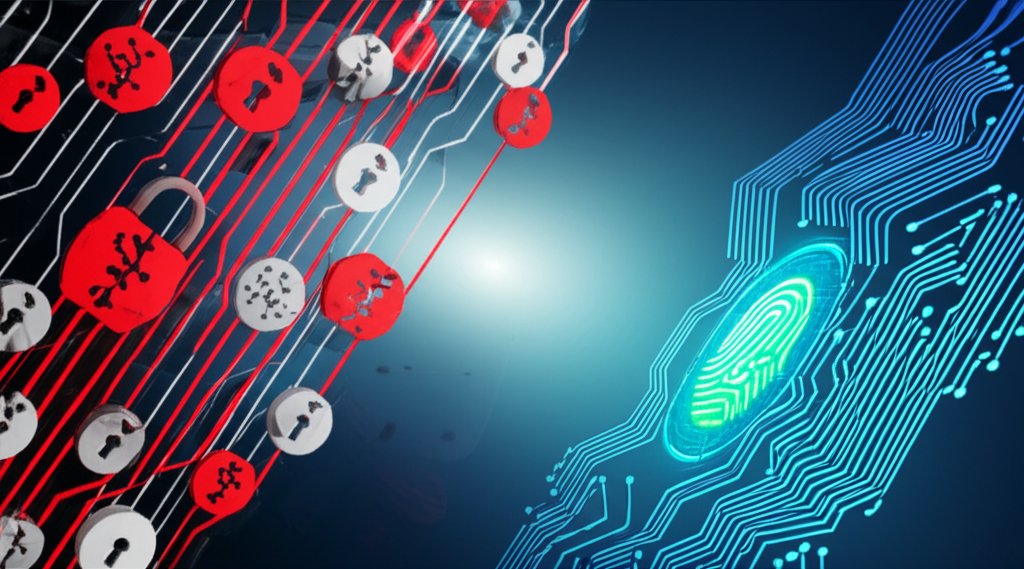Digital abstract showing security evolution from broken passwords to glowing biometric passwordless authentication and Zer...