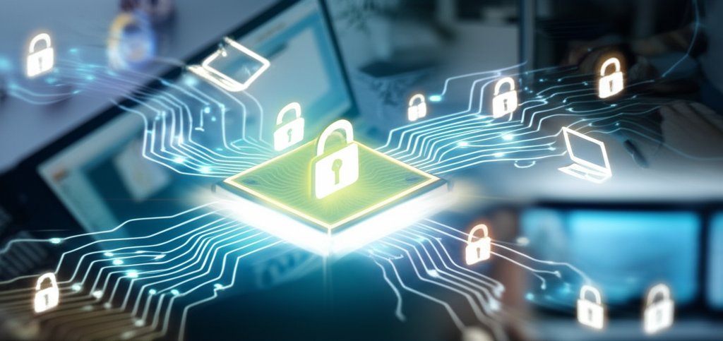 Futuristic digital network showing remote devices securely connecting via luminous pathways to a Zero-Trust identity core.