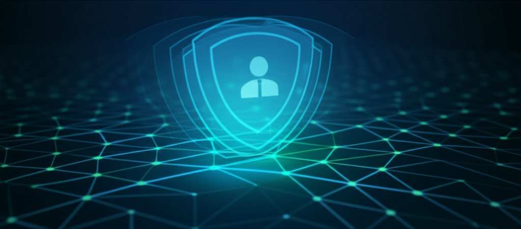 A glowing, multi-layered digital shield protects user identity icons within an interconnected network, showing Zero-Trust ...