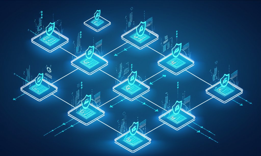 Abstract digital network visualizing Zero Trust microservices security. Nodes with shields & secure data paths in cool, mo...
