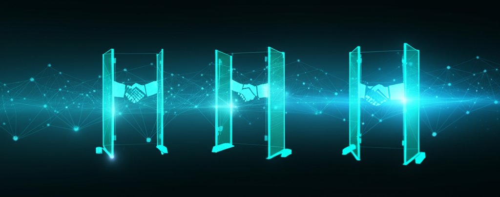 Conceptual image of Zero Trust network security. Data streams verify access through glowing, dynamic digital gateways via ...