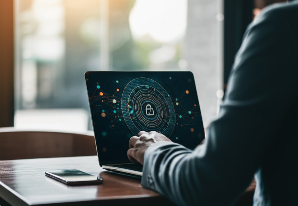 Professional working on a laptop in a coffee shop, screen showing a secure digital glow visualizing Zero Trust protection.