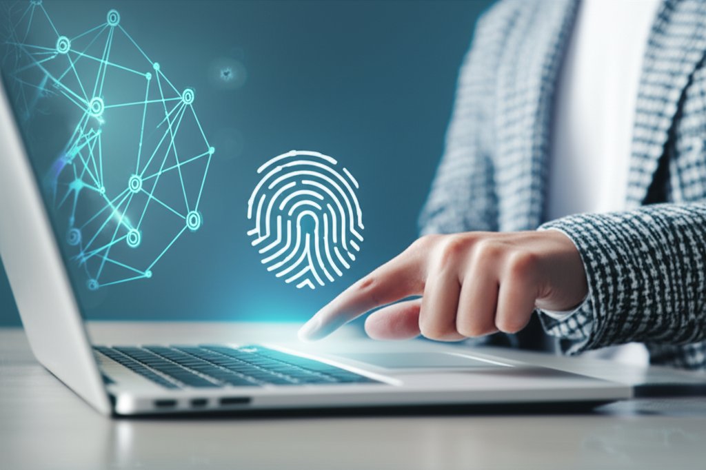 Diverse person uses a biometric fingerprint scan on a sleek tablet for passwordless authentication. Abstract digital Zero ...