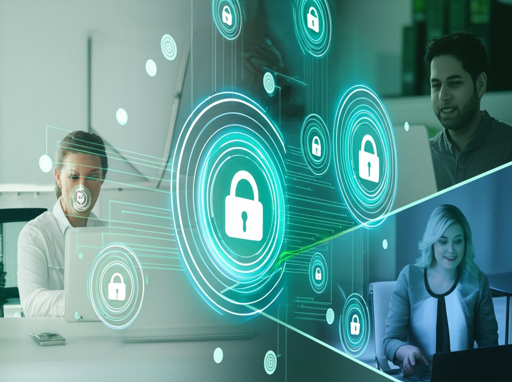 Diverse professionals in hybrid work settings (home, office, co-working), featuring digital security shields for Zero Trust.