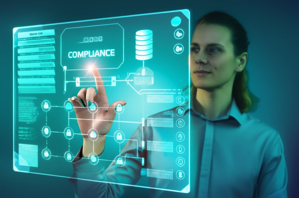 Thoughtful small business owner interacting with a digital screen displaying secure cloud architecture for Zero Trust comp...