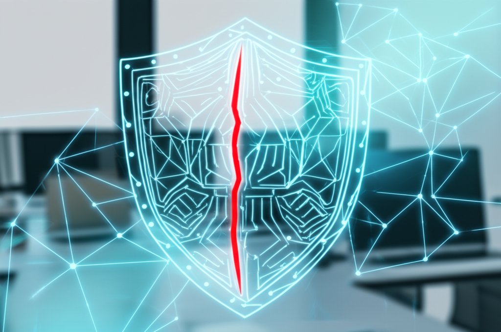 Digital security shield with distinct glowing red gaps leaking data, protecting a blurred small business office. Cool blue...