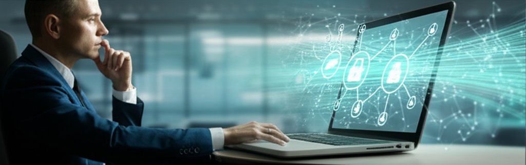 Person thoughtfully engaging with a laptop displaying a secure Zero Trust network design, blurred digital streams behind.