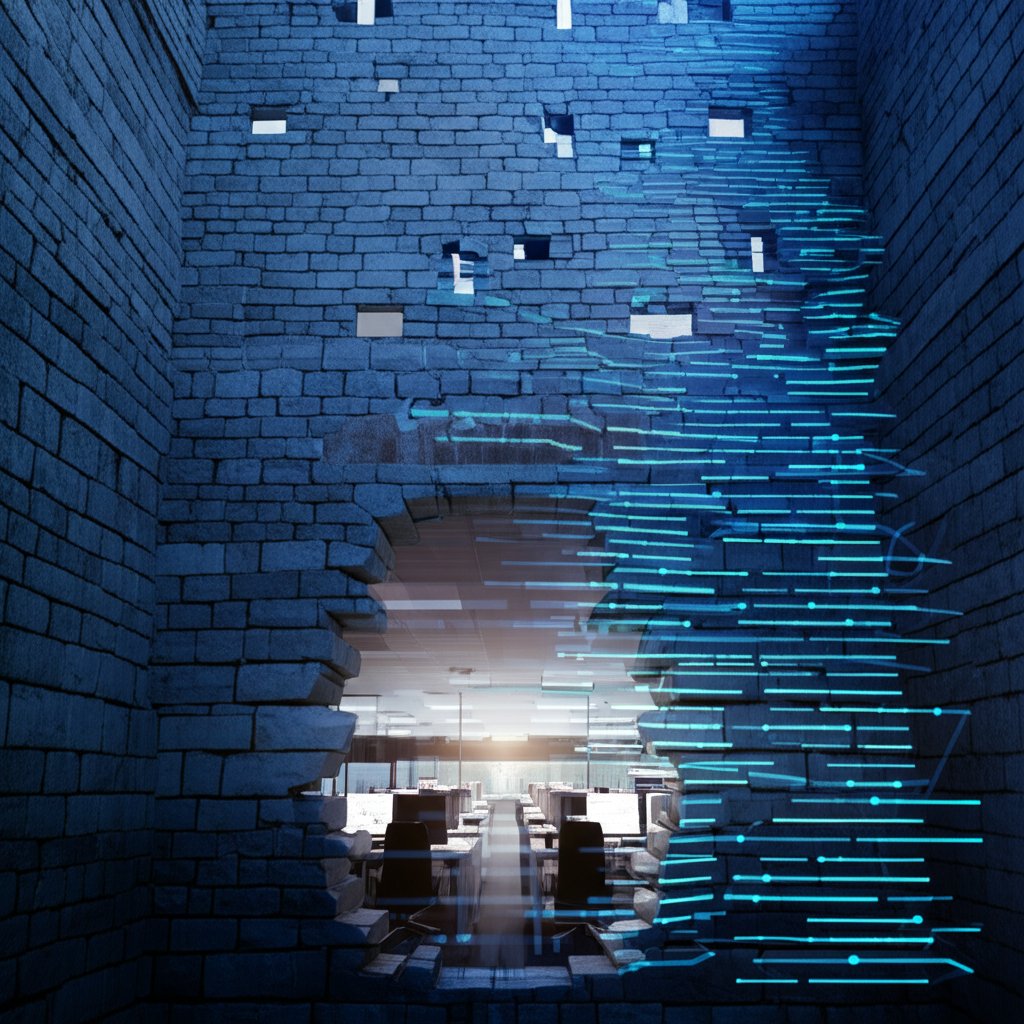 Digital castle wall with fractured data streams & network connections, revealing an office. Illustrates cybersecurity & ze...