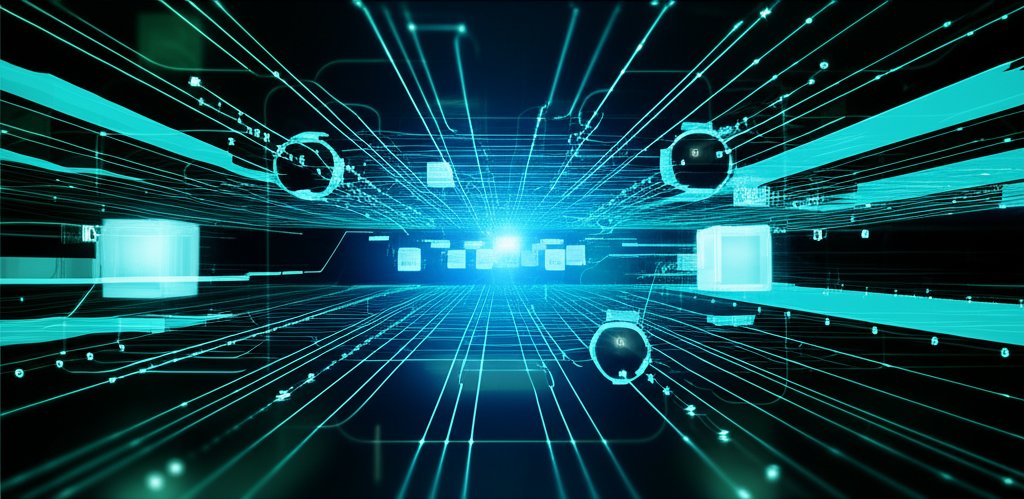 Digital art: Zero-Trust Security network with glowing data pathways, dynamic verification checkpoints, and secure data flow.