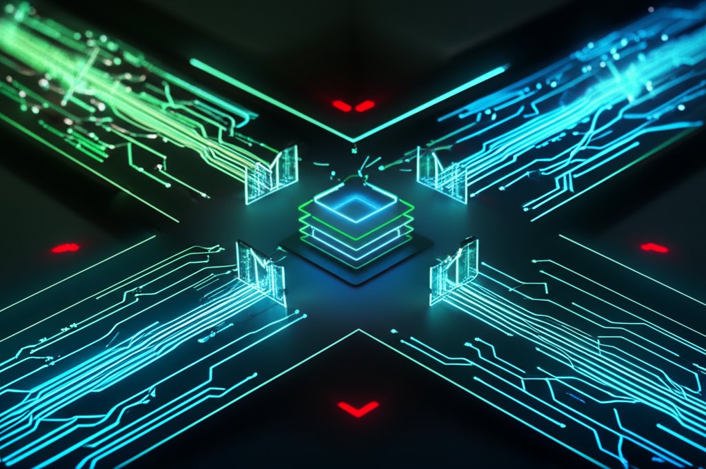 3D render: Intricate Zero Trust digital security network. Luminous data streams pass through glowing blue/green verificati...