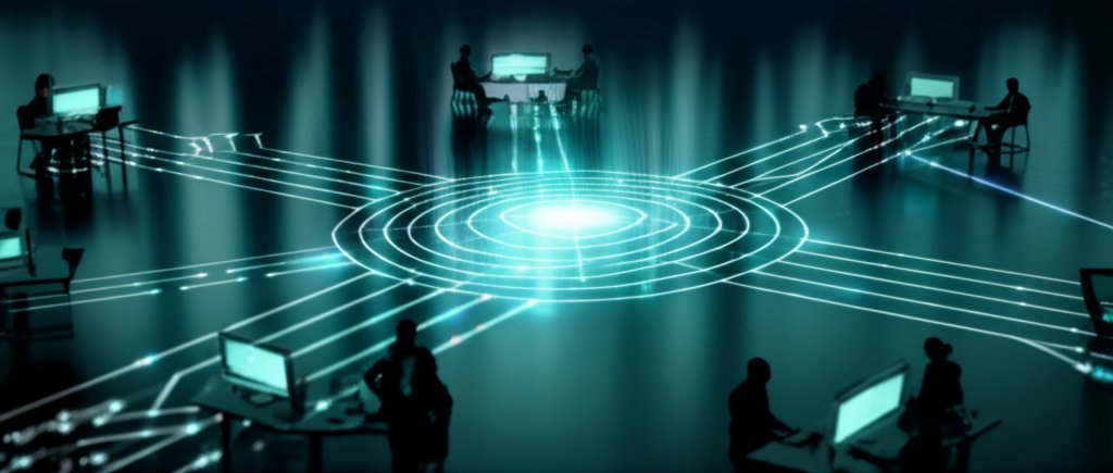 Zero Trust Architecture concept: glowing gateway verifies abstract remote users on a secure, layered digital network.