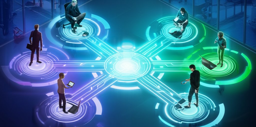 Diverse remote workers securely connect via glowing digital pathways to a fortified central core, illustrating Zero Trust ...