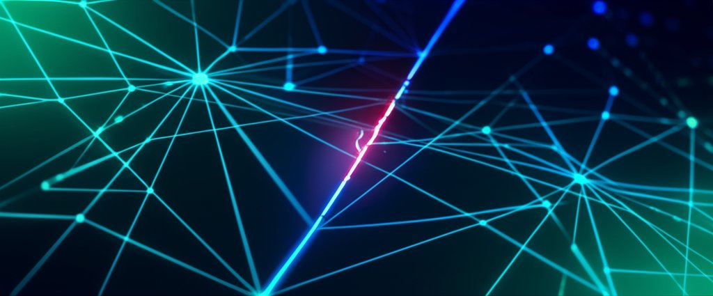 Abstract AI neural network: intricate glowing lines and nodes, with a fractured pathway revealing a hidden security vulner...