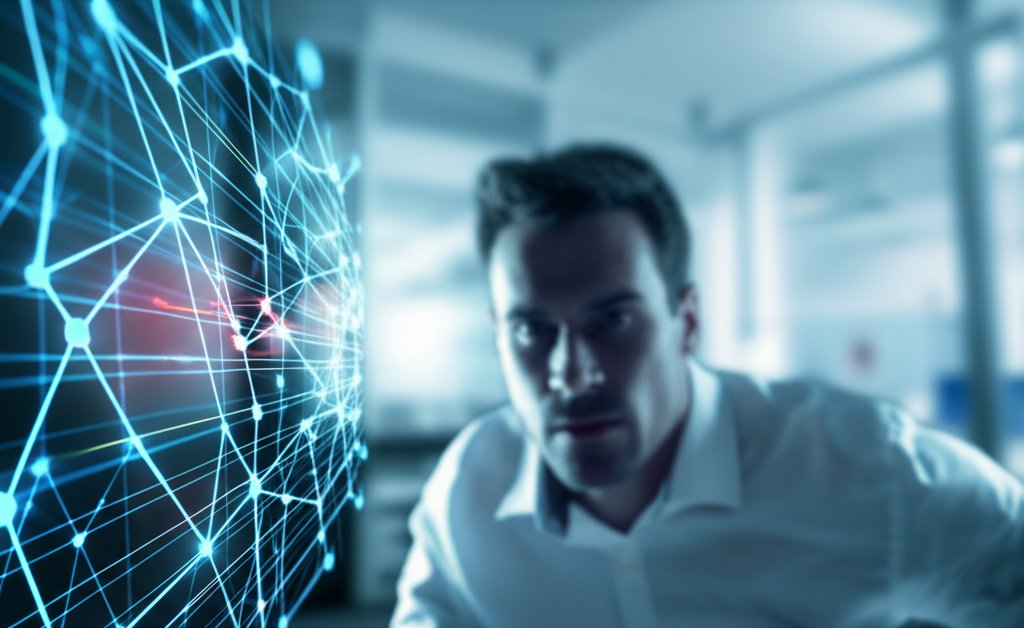 Complex digital AI neural network interface showing a subtle fracture at its core, observed by a concerned security profes...