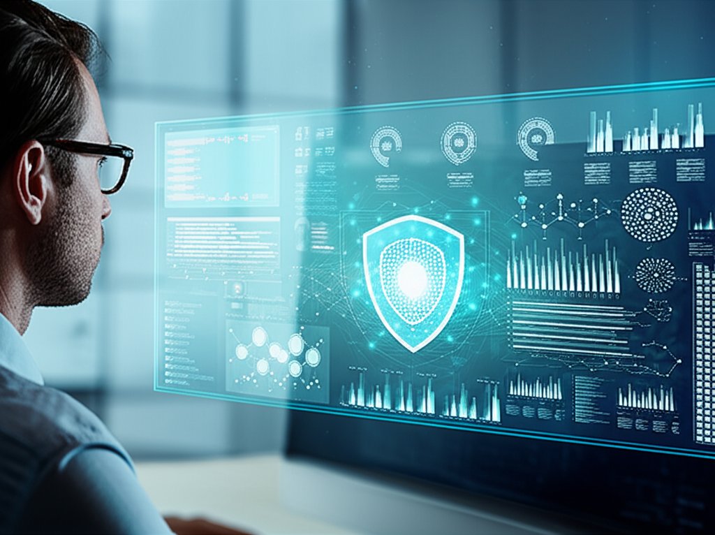 Focused professional observing an AI security orchestration dashboard, showing cyber threat analysis and network mapping.
