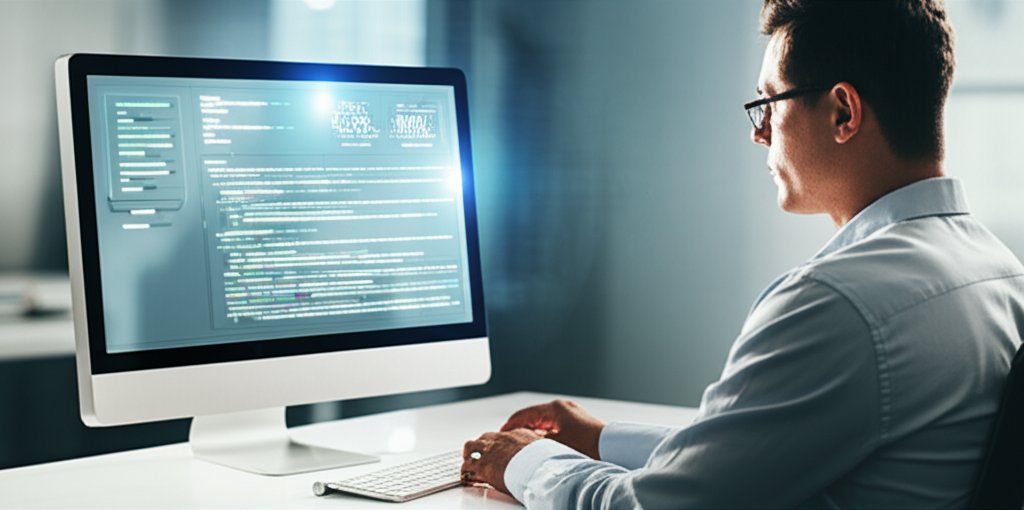 Focused business owner at a modern desk, screen showing AI static analysis identifying application security vulnerabilitie...