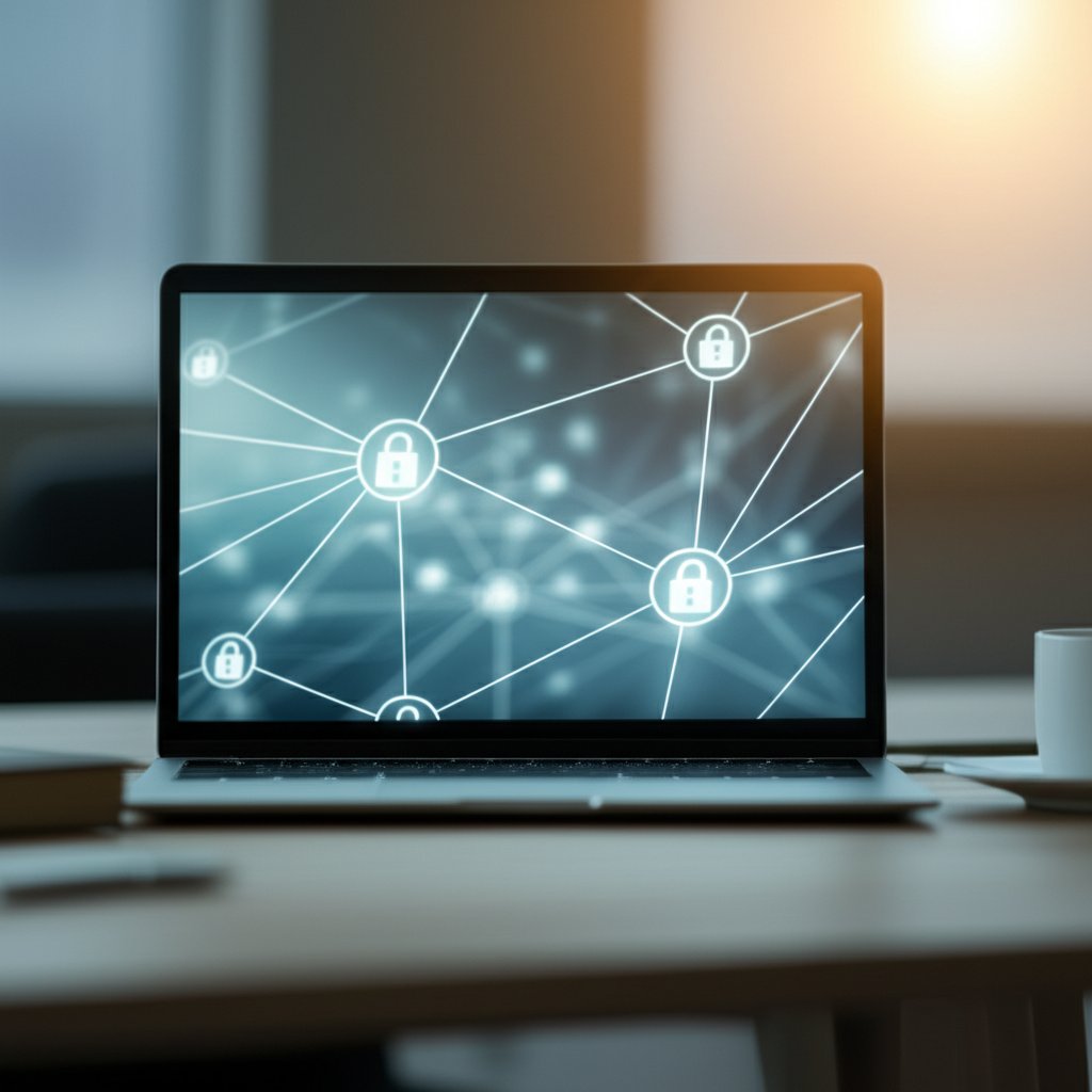 Laptop screen displays an abstract digital interface with glowing nodes and data streams, symbolizing zero trust identity.