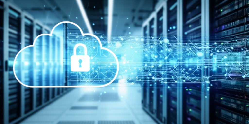 Partially open digital gateway in a cloud environment, symbolizing a critical security vulnerability and potential data br...