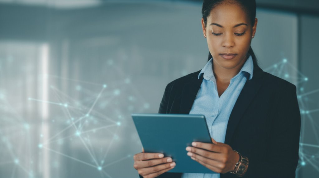 Confident user interacting securely with a digital device. Background shows data nodes, symbolizing decentralized identity...