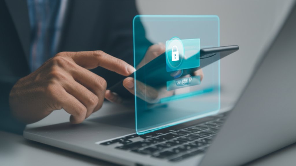 Hands authenticate a login on a laptop/tablet with a smartphone displaying a verification code for MFA.