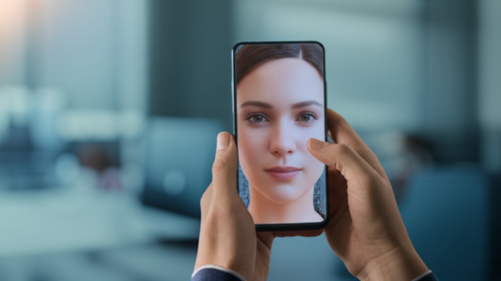 Adult hands hold a smartphone showing a subtly manipulated digital human face, hinting at deepfake AI.