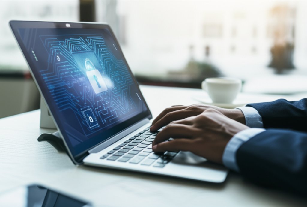 Focused individual working on a laptop in a modern remote workspace. Screen displays digital security patterns.